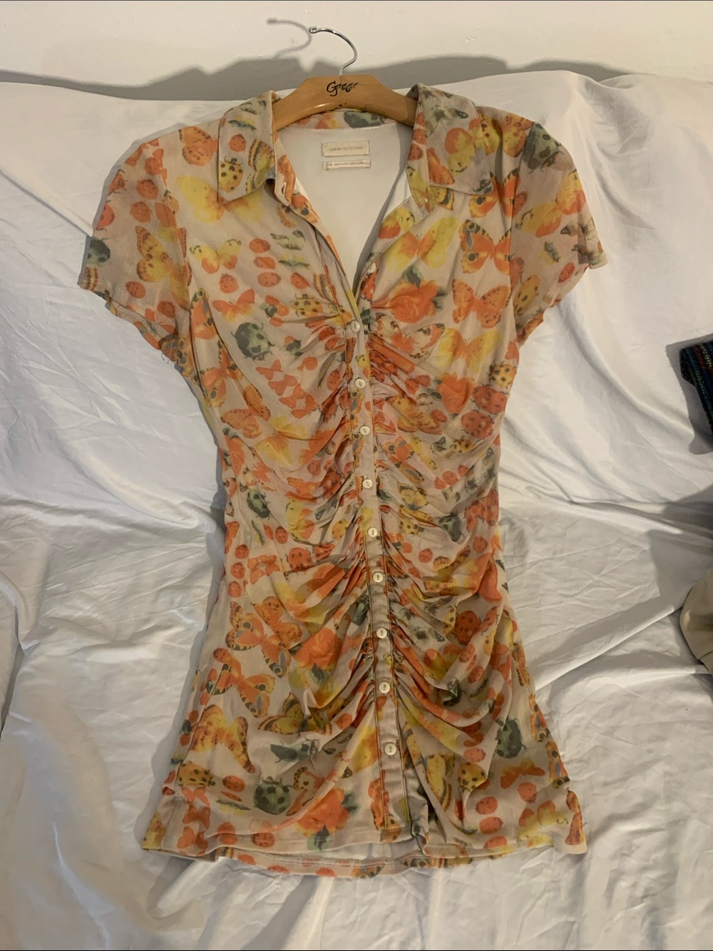 Urban Outfitters Floral Sheer Button-Up in Peach, Yellow & Green